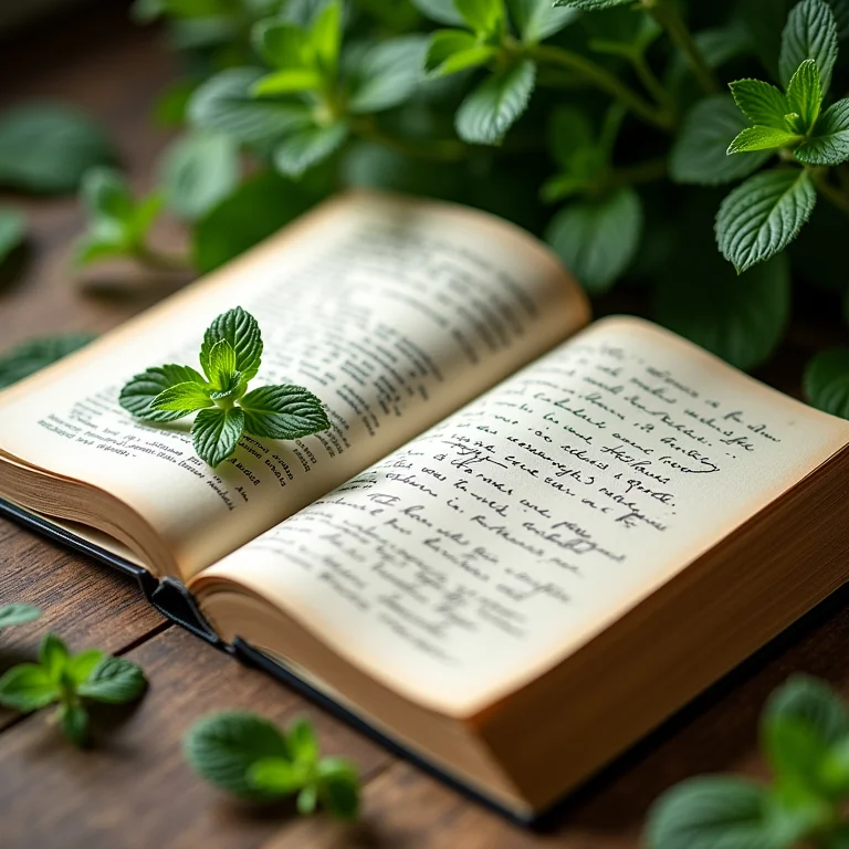 Livro aberto com anotações e ramos de hortelã ao redor