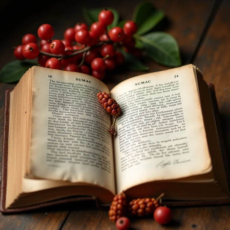Livro antigo aberto com descrição do sumagre e frutos secos ao lado