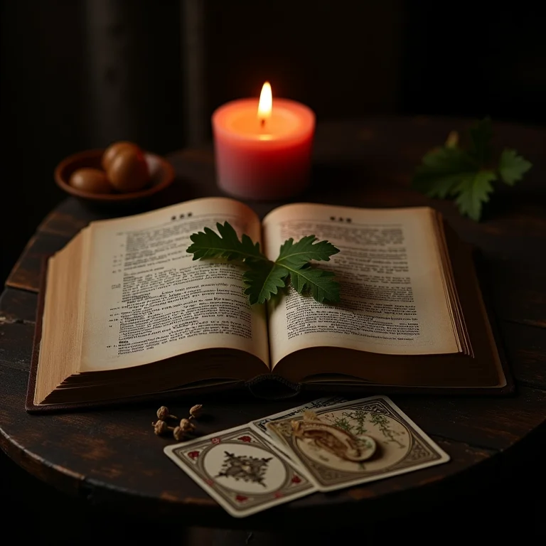 Livro antigo aberto com folhas de arruda prensadas e cartas de tarô.