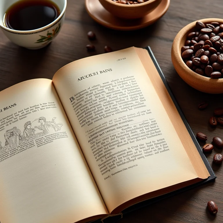 Livro antigo japonês aberto com feijão azuki e xícara de chá
