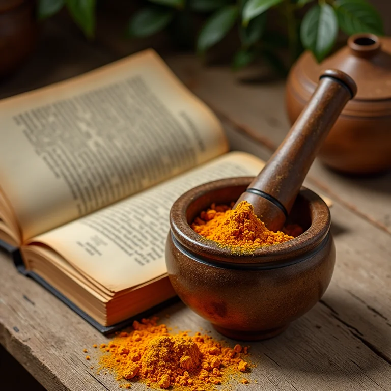 Livros antigos de medicina com açafrão em almofariz.