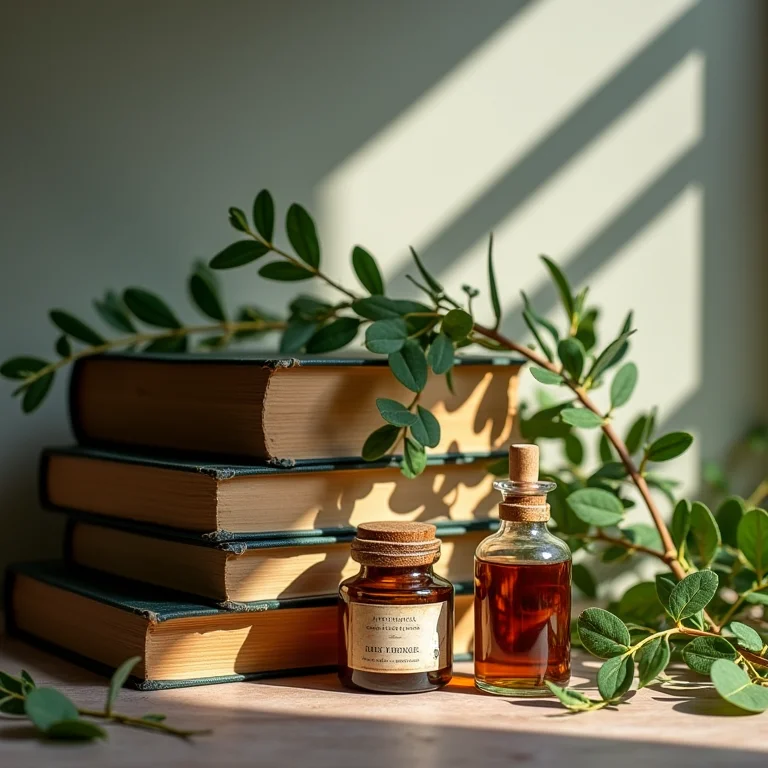 Livros antigos de remédios herbais com folhas de arruda secas