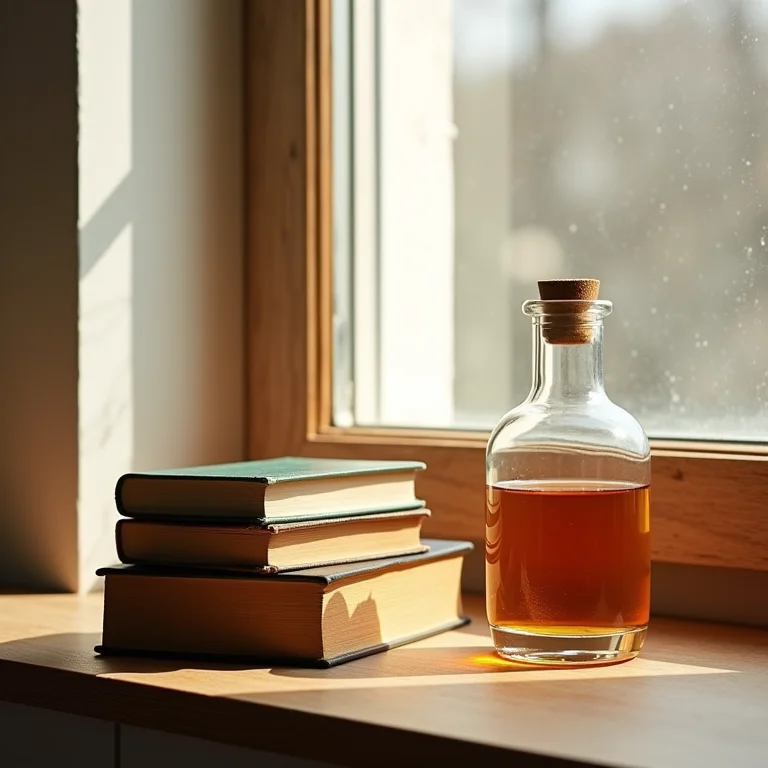 Livros antigos e arruda com pinga, representando história e tradição.