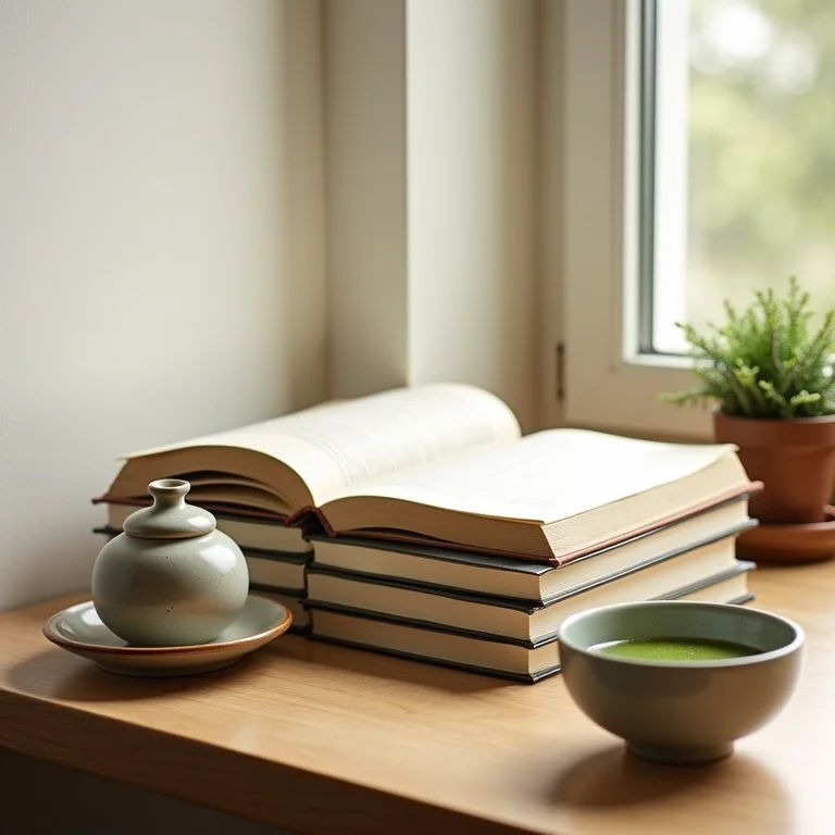 Livros de haikais e poesia zen com chá matcha