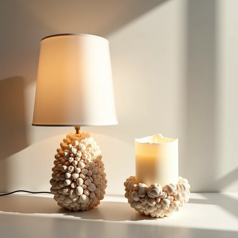 Luminárias e velas decoradas com conchas