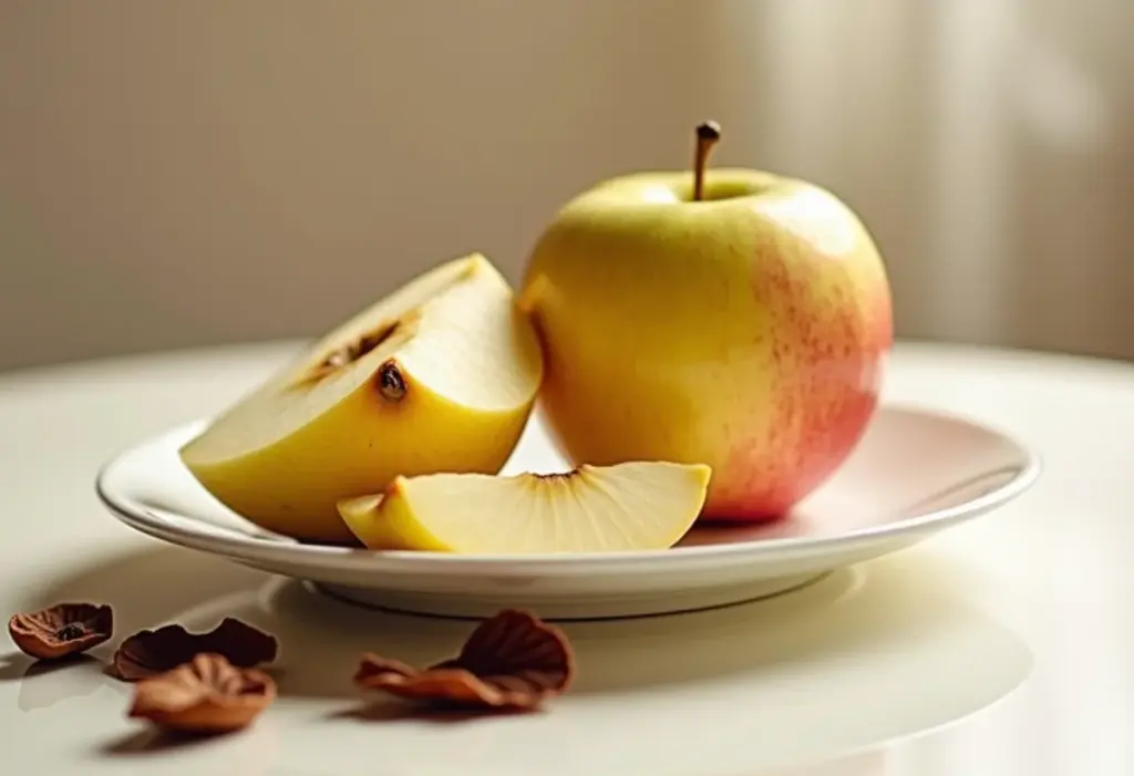 Maçãs Fuji e Gala lado a lado com xícara de chá