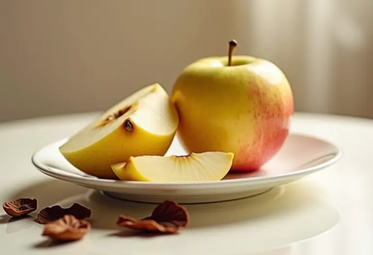 Maçãs Fuji e Gala lado a lado com xícara de chá