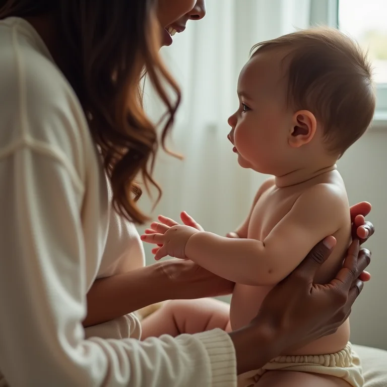Mãe aplicando creme em bebê com dermatite atópica.