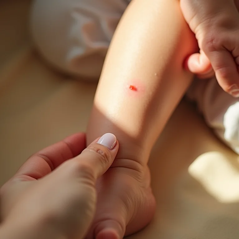 Mãe aplicando gel em picada de mosquito de bebê.