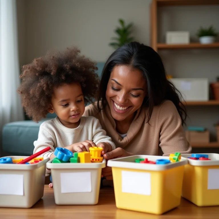 Mãe e filho organizando brinquedos juntos.