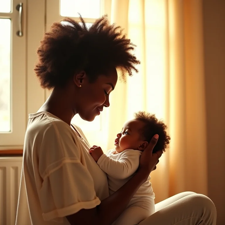 Mãe negra embalando um bebê em um berçário ensolarado.