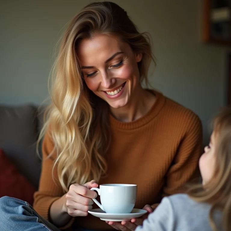 Mãe sorrindo com xícara de chá perto de criança, chá para crianças.