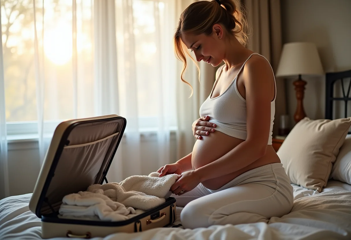 Mala de maternidade organizada com roupas de bebê e itens essenciais