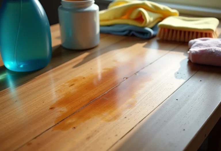 Mancha de gordura em mesa de madeira sendo limpa
