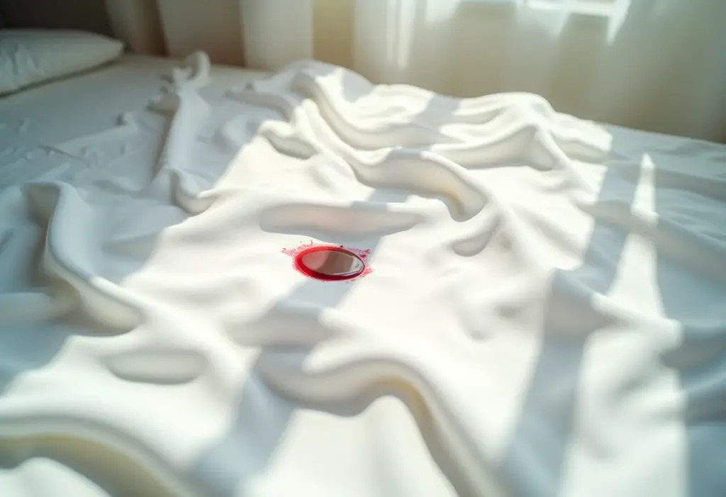Mancha de sangue menstrual: Guia prático para remover sem complicação Mancha de sangue menstrual discreta em lençol branco