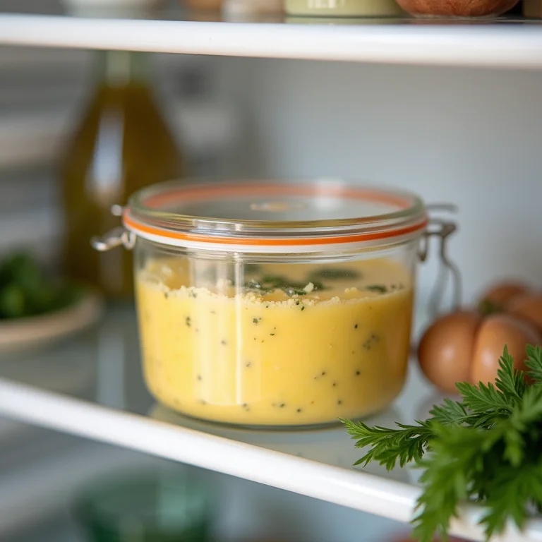 Manteiga de ervas armazenada em pote hermético na geladeira.