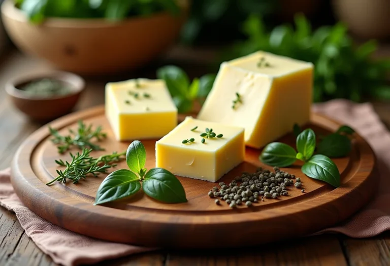 Manteiga de ervas caseira em tábua de madeira com ervas frescas.