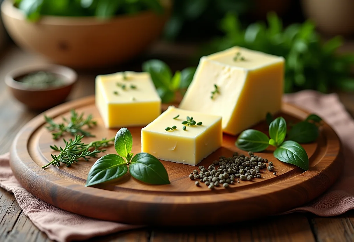 Manteiga de ervas caseira em tábua de madeira com ervas frescas.