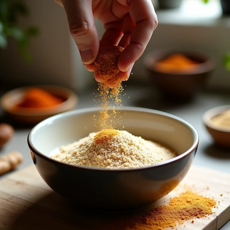 Mão adicionando especiarias a uma tigela de proteína de soja.