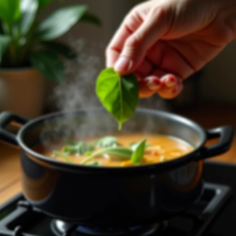 Mão adicionando poejo fresco à sopa