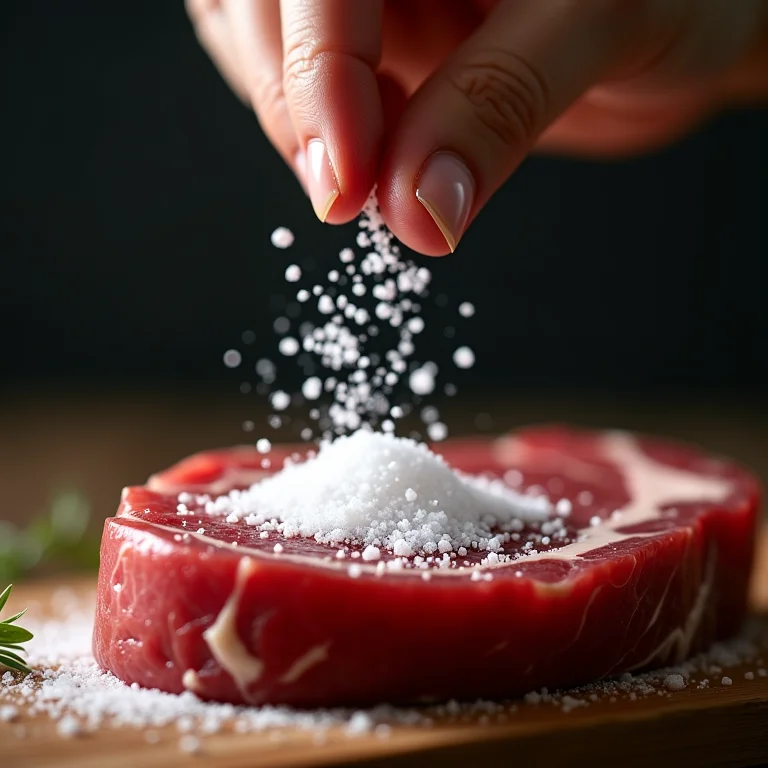 Mão aplicando sal de parrilla em um bife