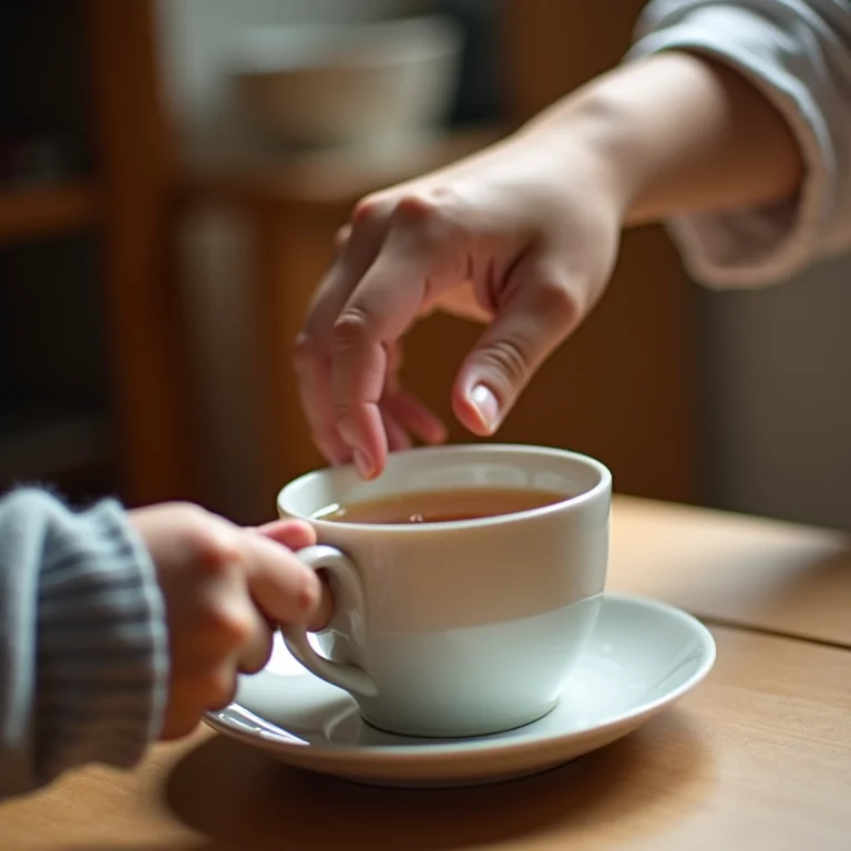Mão de criança tentando alcançar uma xícara de chá, impedida por uma mão adulta preocupada.