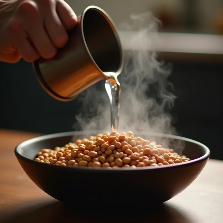 Mão despejando água quente em feijões secos