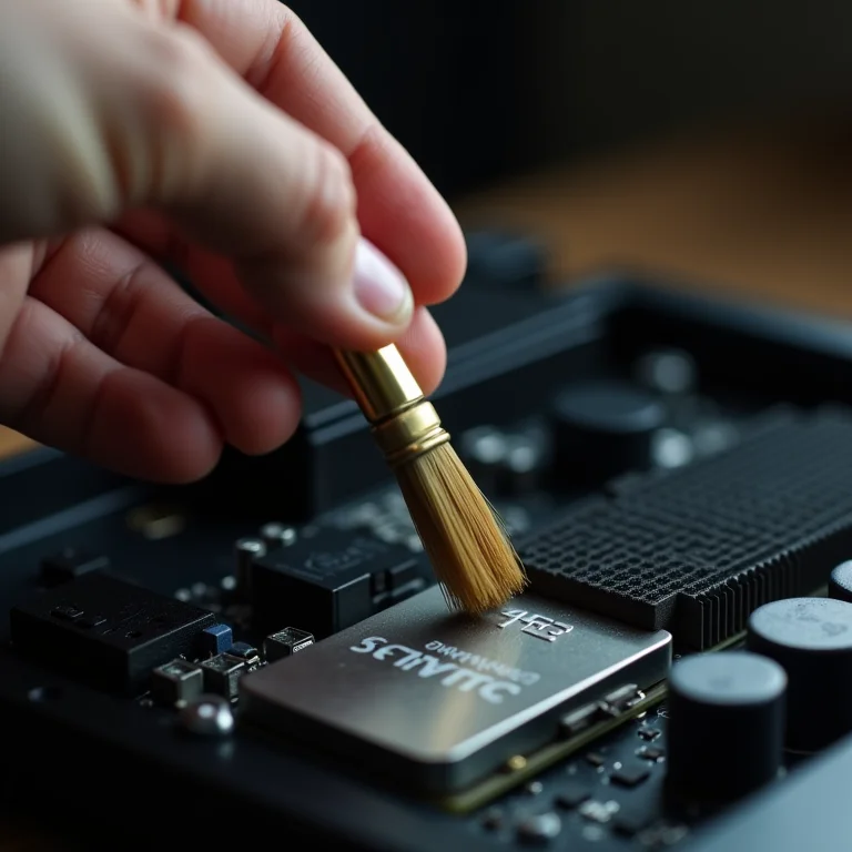 Mão limpando componente de computador com pincel
