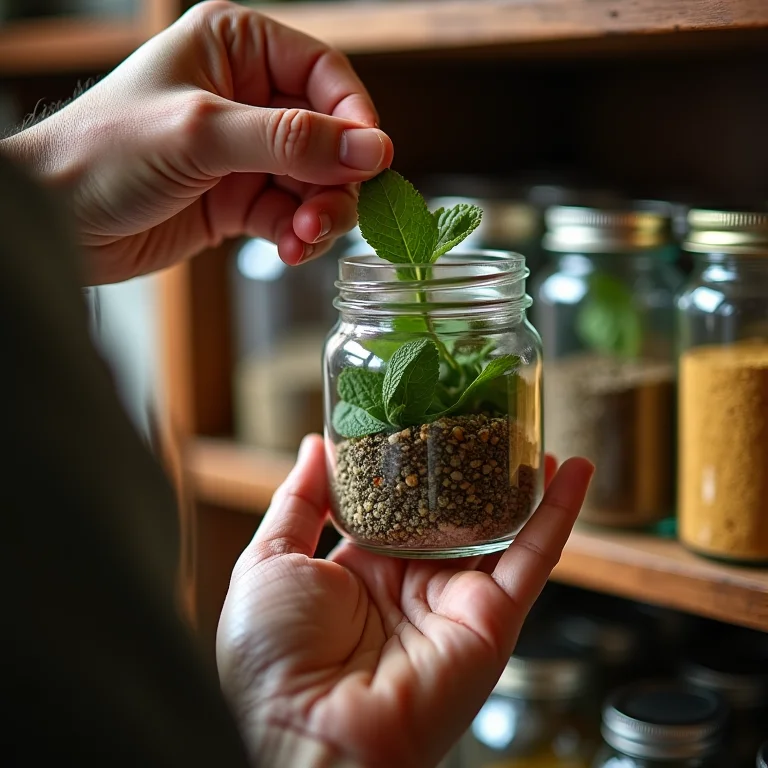 Mão pegando hortelã seca na despensa