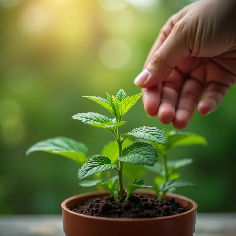 Mão regando planta de hortelã em vaso.