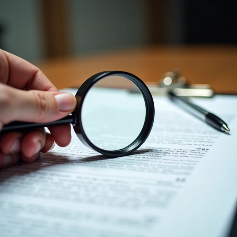 Mão segurando lupa sobre contrato de aluguel