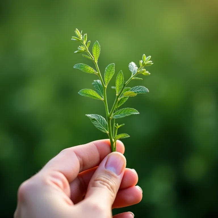 Mão segurando um ramo de arruda fresca (Ruta graveolens)
