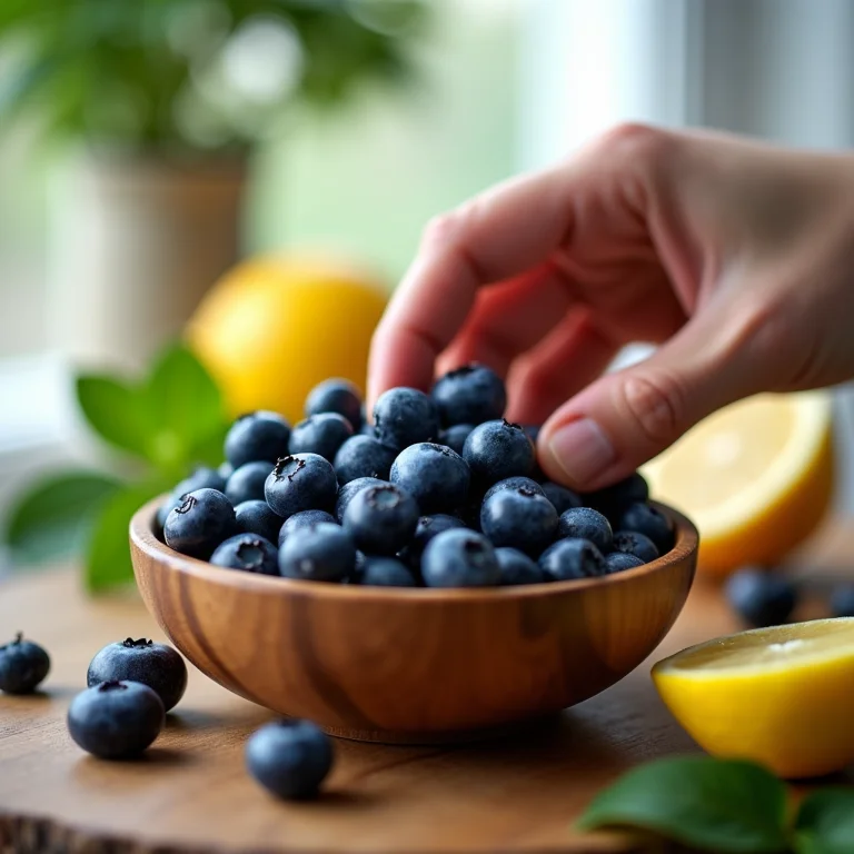 Mão selecionando blueberries frescas para uma infusão caseira.