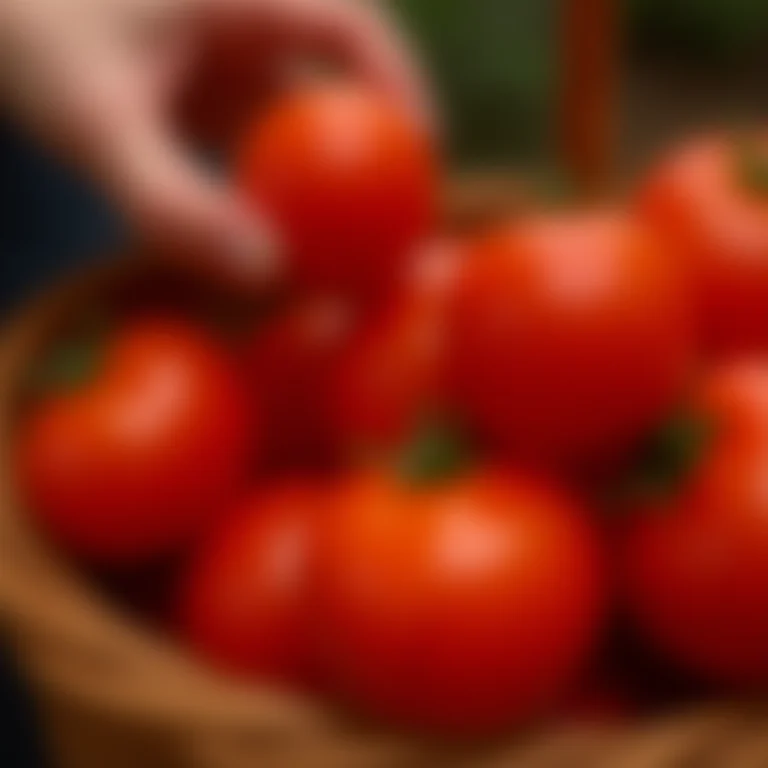 Mão selecionando tomates maduros e firmes em uma cesta.