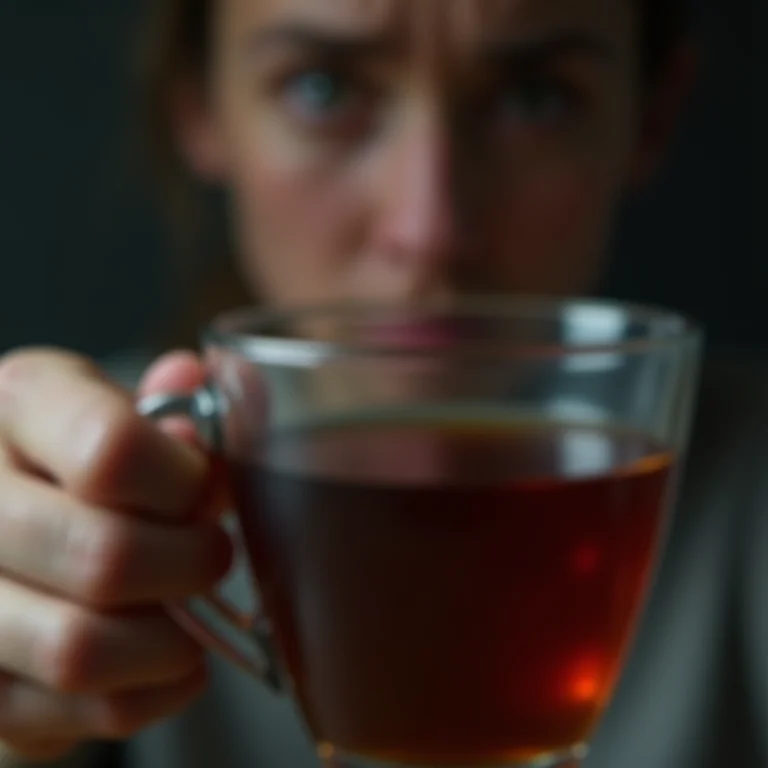 Mão tremendo ao segurar xícara de chá, sintoma de consumo excessivo de carqueja