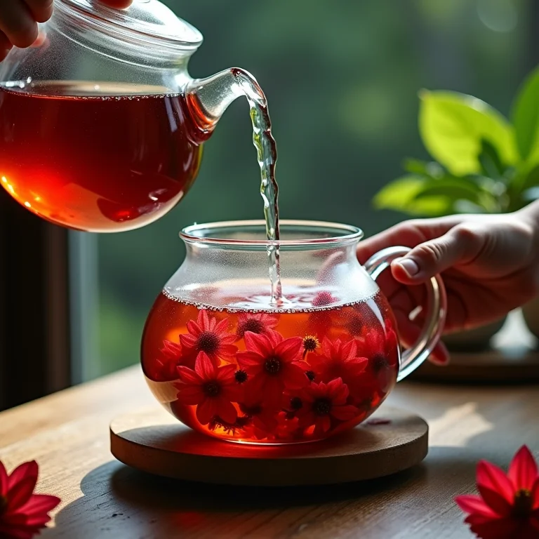 Mãos derramando água quente em um bule de vidro com flores de hibisco