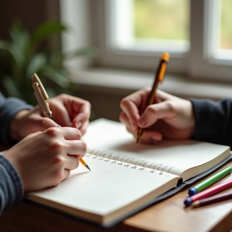 Mãos diversas escrevendo em um diário com canetas coloridas.