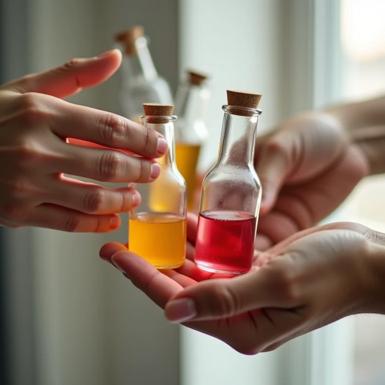 Mãos diversas segurando frascos com líquidos coloridos, representando crenças.