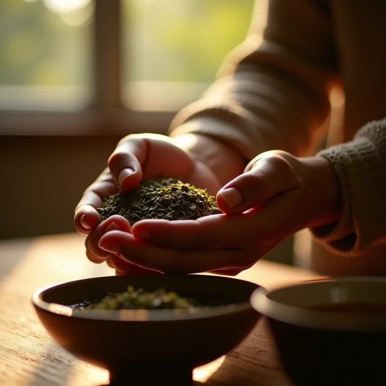 Mãos enrolando folhas de chá