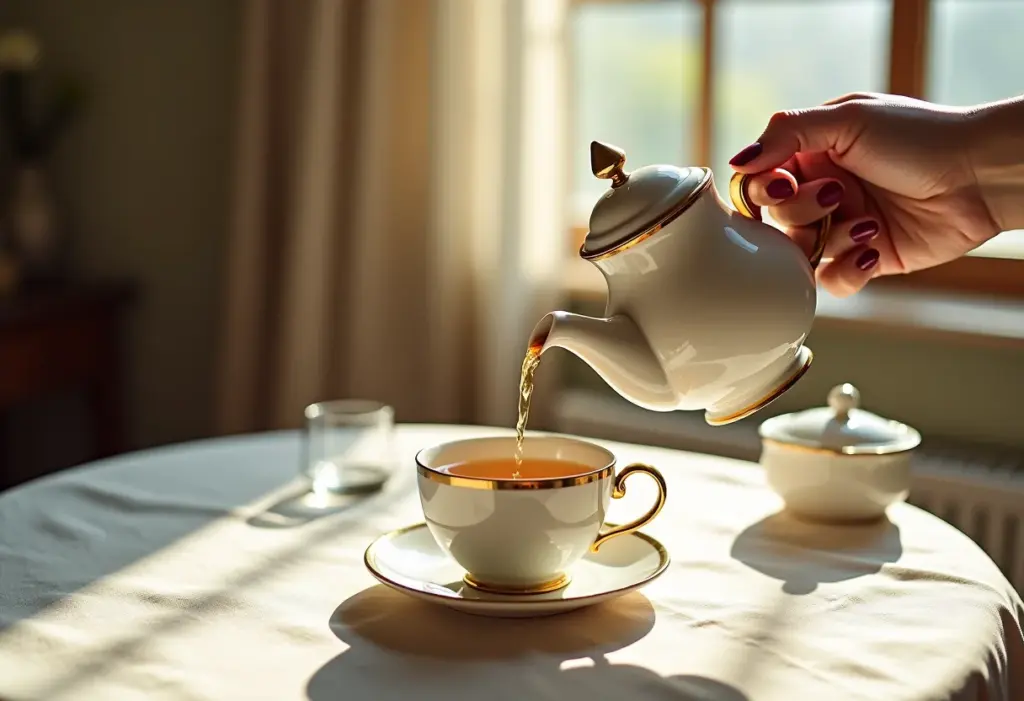 Mãos femininas servindo chá em xícara de porcelana antiga
