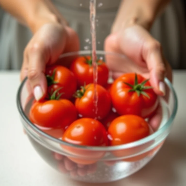 Mãos lavando tomates frescos em uma tigela de água limpa.