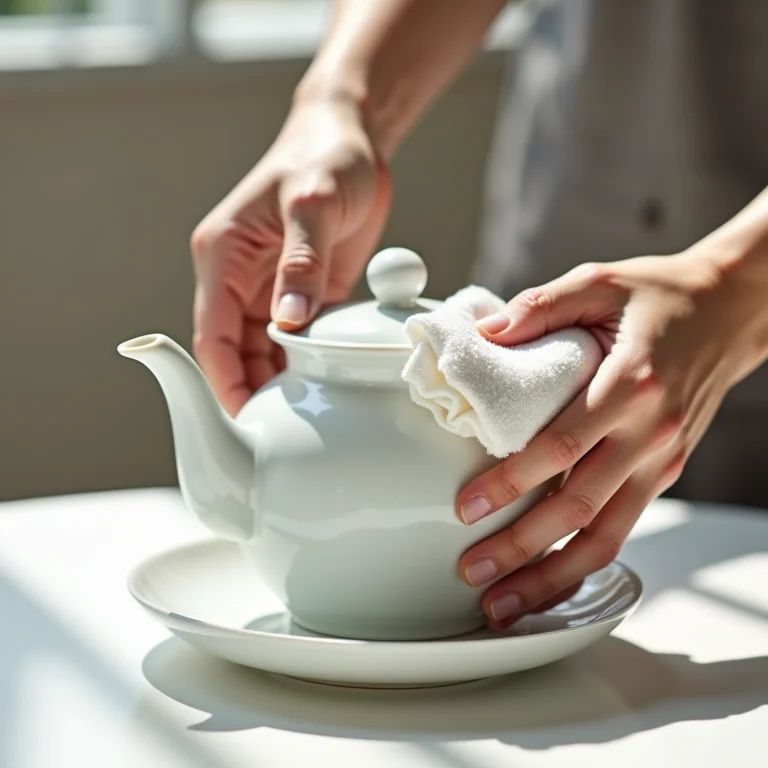 Mãos limpando um bule de porcelana