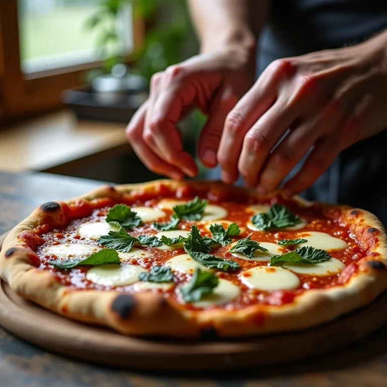 Mãos montando uma pizza de orégano e queijo.