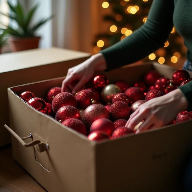 Mãos organizando enfeites de Natal em uma caixa.