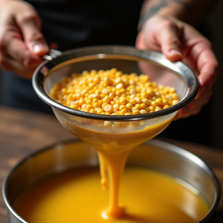 Mãos peneirando a mistura de milho.