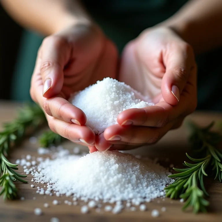 Mãos peneirando sal grosso com raminhos de arruda espalhados.