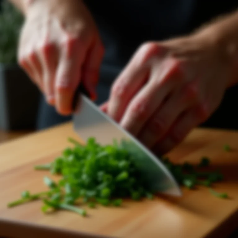 Mãos picando cebolinha fresca em tábua de madeira