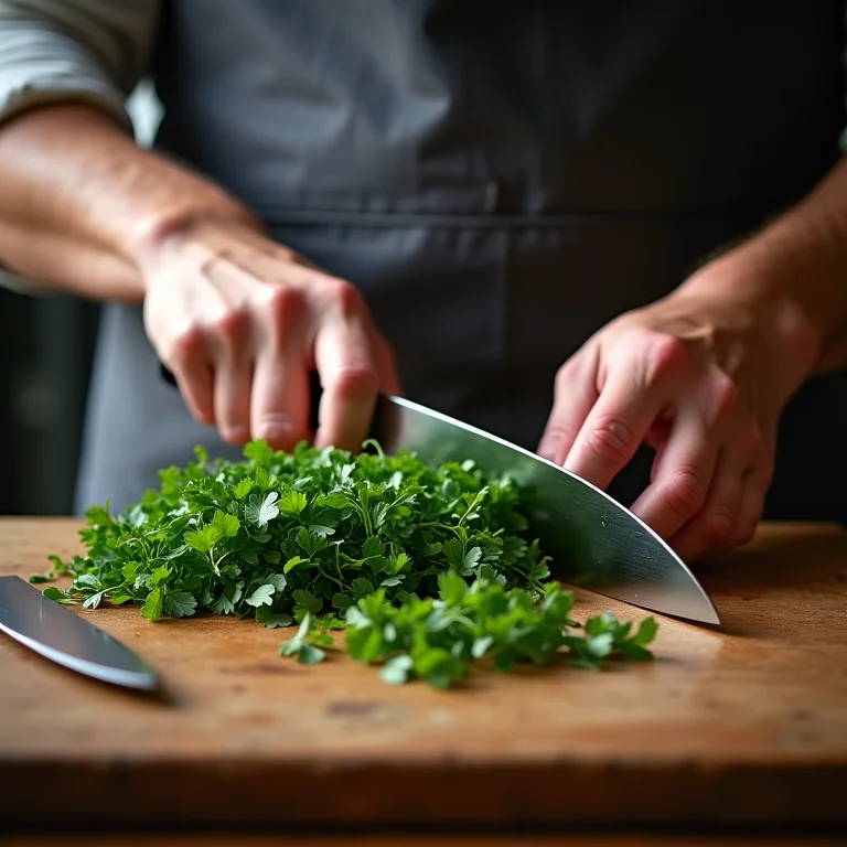 Mãos picando estragão fresco em uma tábua de madeira