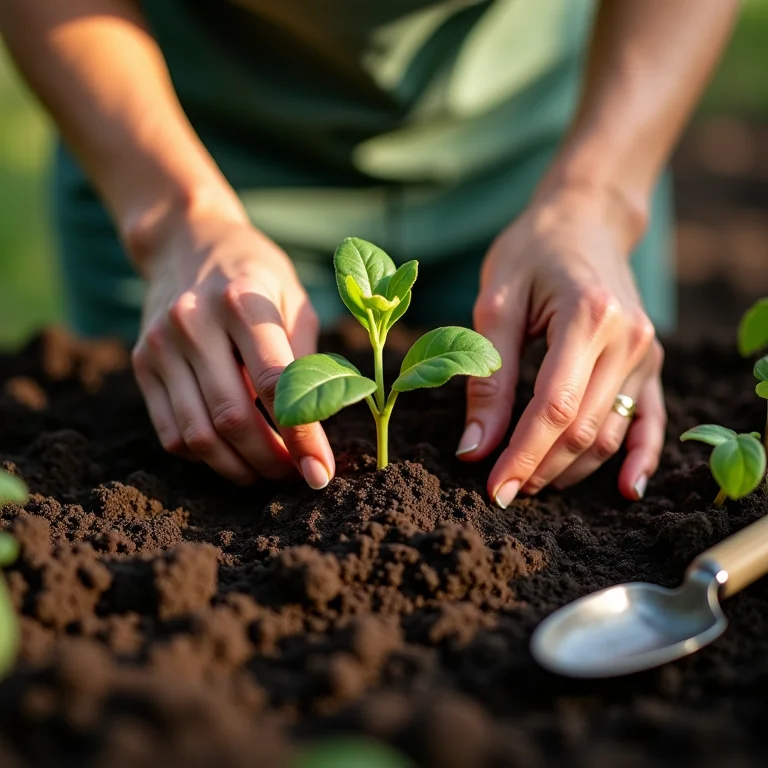 Mãos plantando muda de arruda em solo fértil.