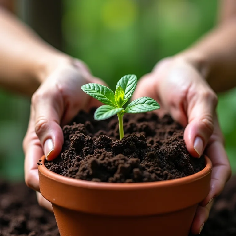 Mãos plantando muda de hortelã em vaso de terracota.